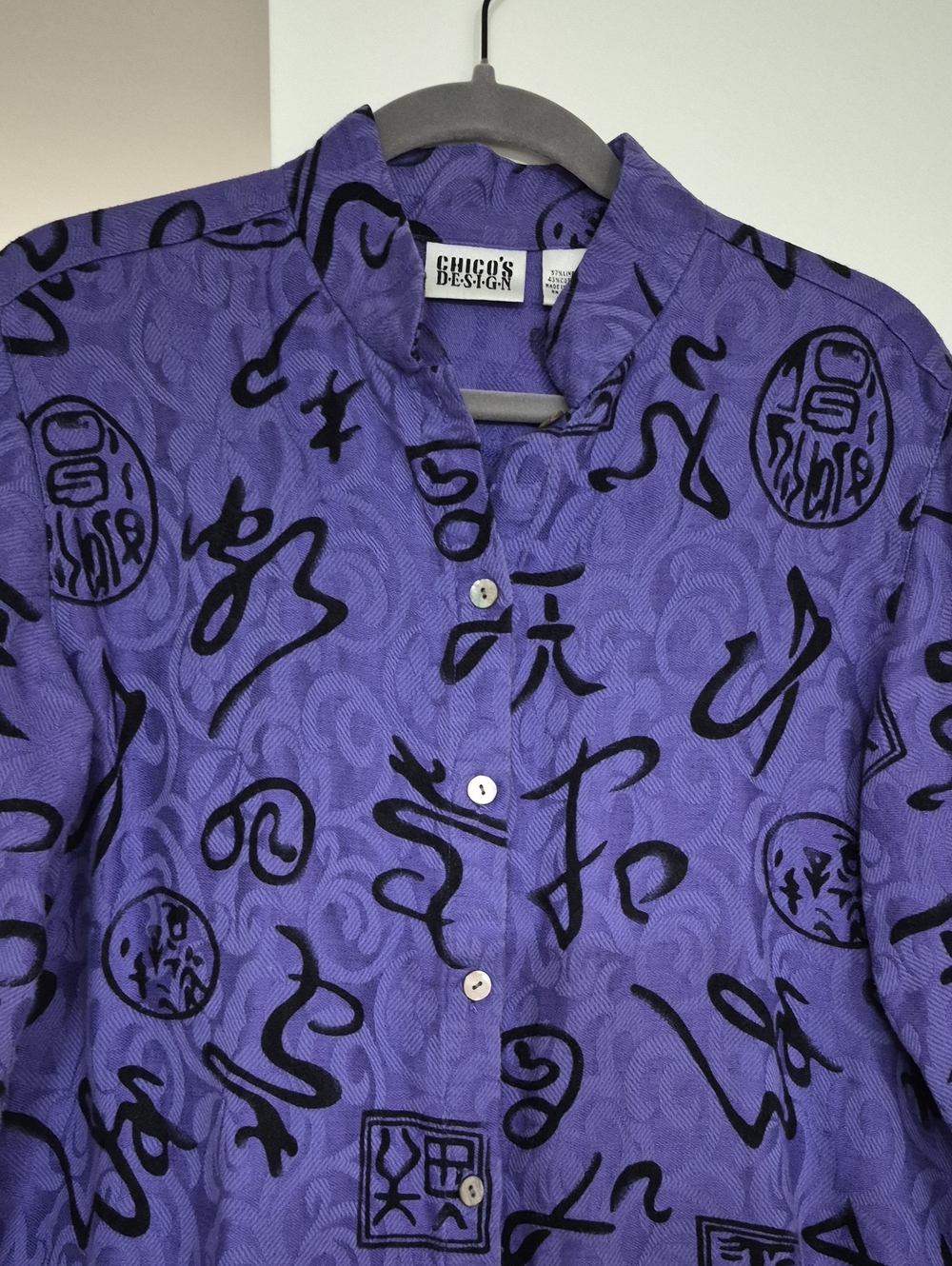 Chico's Purple Button-Front Top with Black Script Motif